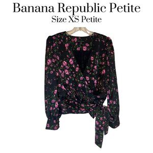 EUC Banana Republic floral tie front volume sleeve wrap top pink black XS petite